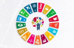 Cerchio, con al centro due persone, suddiviso in 17 sezioni colorate, ciascuna rappresentante un Obiettivo di Sviluppo Sostenibile (SDG) dell&rsquo;Agenda 2030 &ndash; Saturn Over Srl