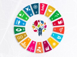 Cerchio, con al centro due persone, suddiviso in 17 sezioni colorate, ciascuna rappresentante un Obiettivo di Sviluppo Sostenibile (SDG) dell’Agenda 2030 – Saturn Over Srl