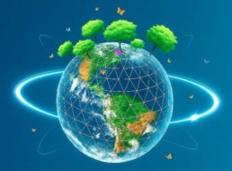Illustrazione della Terra circondata da una griglia protettiva e da un anello luminoso, con alberi verdi emergenti e farfalle colorate, simbolo della sostenibilit&agrave; ambientale, sociale e di governance di Saturn Over Srl.